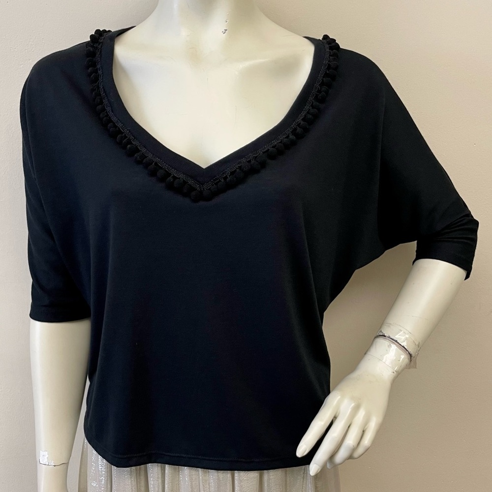 Black V neck elbow length tshirt w/ Pom Pom trim around neckline